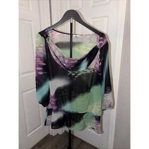 Nicola Sheer Abstract Blouse Cowl Neck 3/4 Sleeve Ruffle Hem Large Fairycore EUC